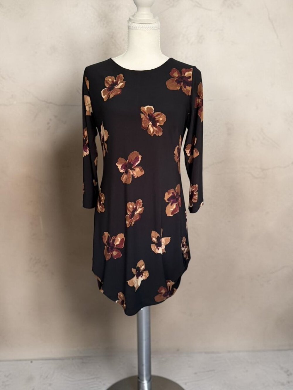 TOMMY HILFIGER Brown Black Floral 3/4 Sleeve Dress Size 4